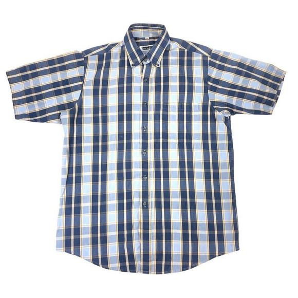 Vintage 80s Dansen Japanese Button Up Casual Shirt Top Blue Gold Medium M B5 - Picture 1 of 4